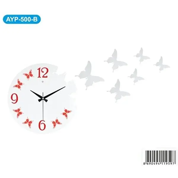 Galaxy AYP-500-B Dekoratif Kelebek Duvar Saati 35Cm Beyaz