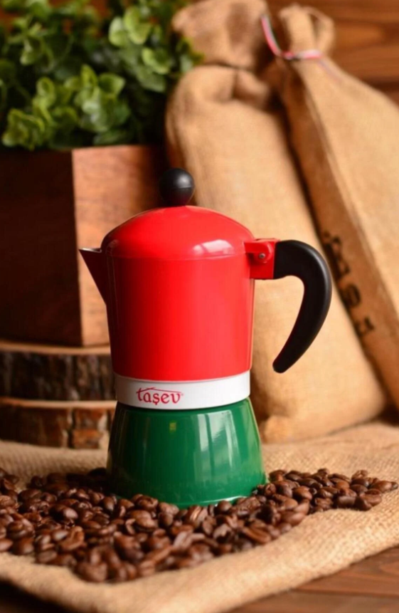 Taşev T1196 Adamo Moka Pot 3 Fincan Kırmızı&Yeşil